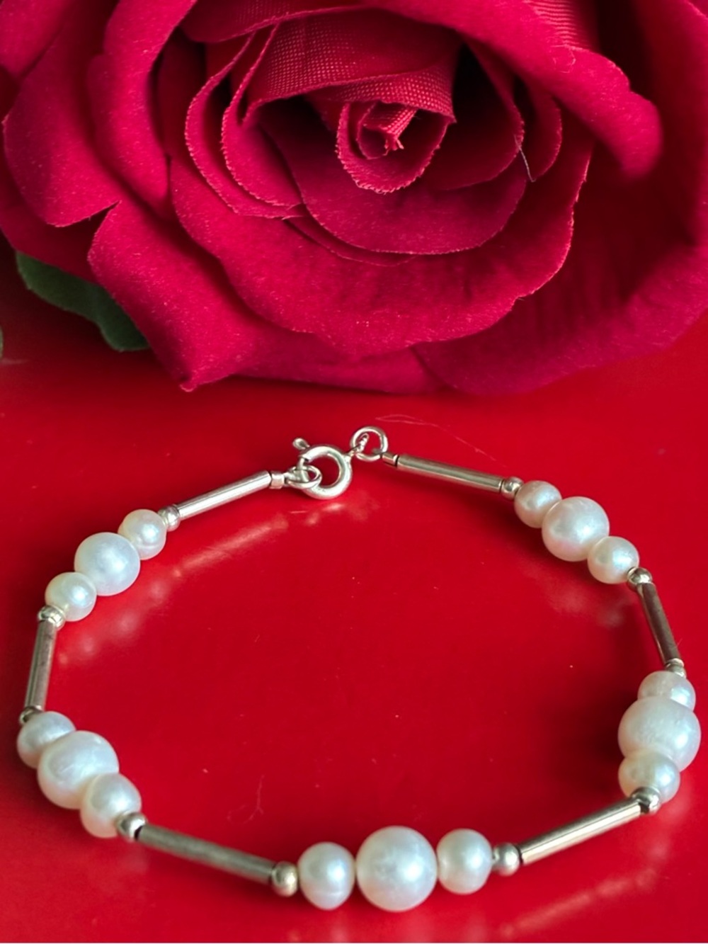 925 Silver Bracelet,Cultured White Pearl & Silver-Tone Tube Bracelet - Picture 2 of 5